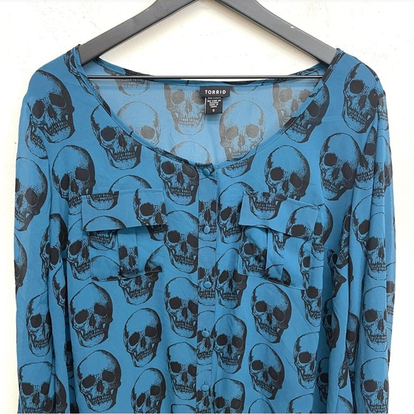 torrid Tops - Torrid teal chiffon with black skulls long sleeve button down.